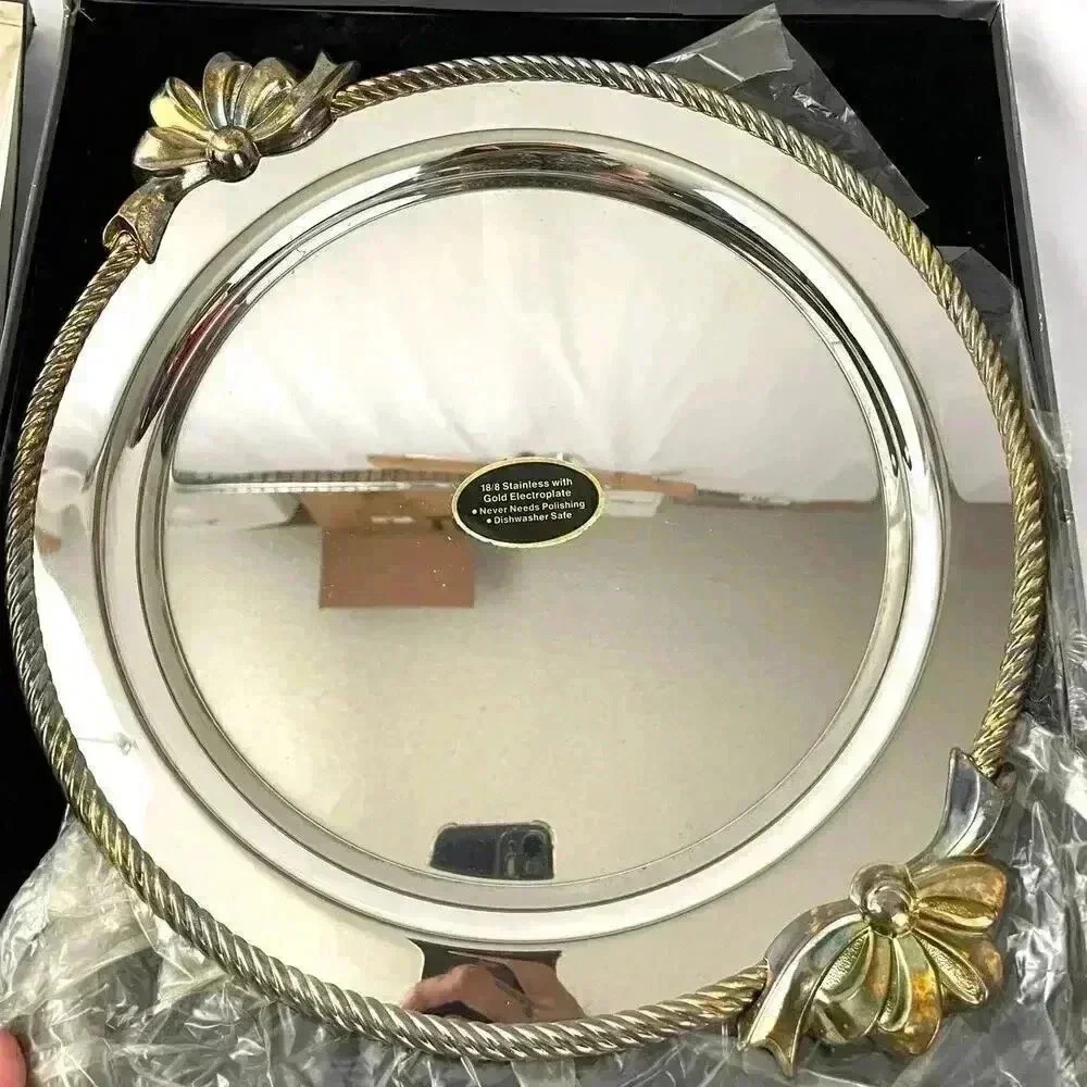 Oneida Gold Electroplate Dish Platter Bow Accent Made In USA 18/8 Stainless‎